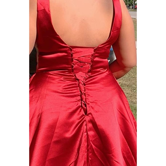 V-Neck navy blue Satin Prom Dress w/ Slit - Picture 6 of 8